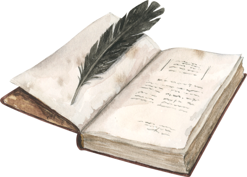 Buch mit Feder, Aquarell, Schmuckbild